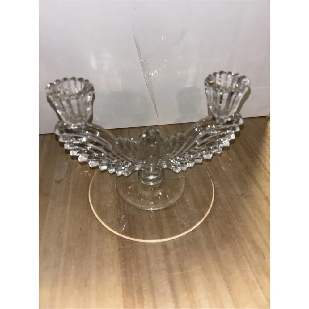 Set Of Two Art Deco Pressed Glass Winged Double Candle Holders Clear Angel Bird